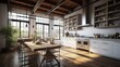 © Georgii - Stylish spacious loft style kitchen with dining area. White facades, open shelves, a wooden dining table with chairs, indoor plants, panoramic windows overlooking the garden. Generative AI