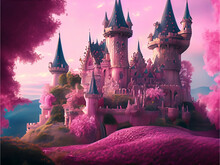 Enchanting Fairytale Castle Surrounded By A Magical Landscape Pink Emphasized Created Using Generative AI Technology