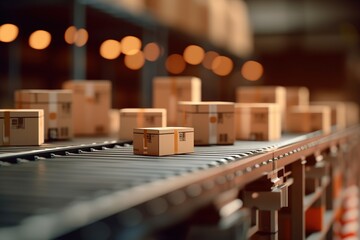 closeup of multiple cardboard box packages seamlessly moving along a conveyor belt in a warehouse fu