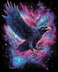 Poster - art eagle in space . dreamlike background with eagle . Hand Drawn Style illustration