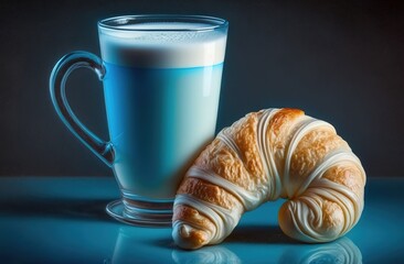 Wall Mural - Blue Croissant with Steaming Milk Generative AI