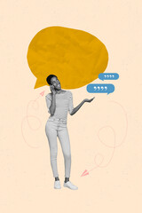 Wall Mural - Collage illustration of young girl speaking conversation with partners bubble cloud speech phone call dialogue isolated on beige background