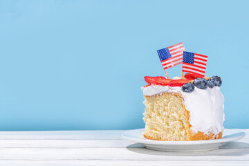 Wall Mural -  4th of July cake with flag and berries. Homemade Patriotic American flag striped vanilla cream sponge cake, Holiday Party summer dessert 