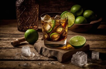 Wall Mural - Free Cuba. Rum, lime, and ice in a wooden cocktail shaker. Generative AI