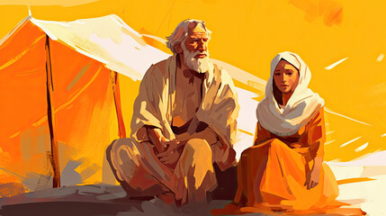 colorful painting art portrait of abraham and his wife sarah sitting in front of their tent.