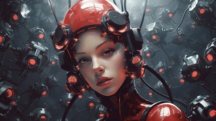 a woman wearing a red helmet and goggles. Generative AI Art.