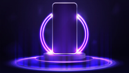 Wall Mural - Smartphone mockup on empty purple podium floating in the air with purple neon rings on background and hologram of digital rings on a floor