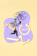 Poster - Collage picture of young man running with netbook all night day workaholic technical support customer helpline isolated on beige background