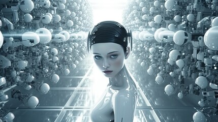 Poster - a woman in a futuristic hallway. Generative AI Art.