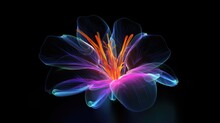 Multicolor Neon Light Drawing, Abstract Shape Flowers Isolated On Black Background. Glowing Line Art. The Illumination Of Vibrant Radiance Of Neon Flower, Generative AI Illustration