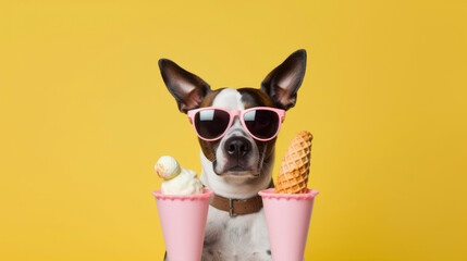 dog and cold sweet ice cream, summer vacation, travel, cooling. cool dog with glasses generated ai.