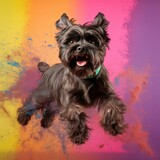 Fototapeta Londyn - A cheerful playful dog jumps up among the colors of Holi, Affenpinscher on a bright multi-colored background, generative ai
