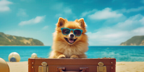 Holiday Mode: Pomeranian Enjoying the Beach with Sunglasses and Suitcase - travel and holiday concept. Generative AI