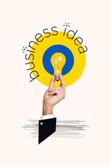 Sticker - Vertical collage image of human arm fingers hold light bulb bright business idea isolated on drawing white background