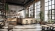 © Georgii - Loft style modern coffee shop interior. Gray concrete walls and floors, wooden tables and chairs, open shelves, pendant lights and green plants, huge windows. Hipster lifestyle concept. Generative AI