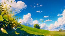 風の吹く緑の丘の景色のアニメ風イラスト　Generative AI