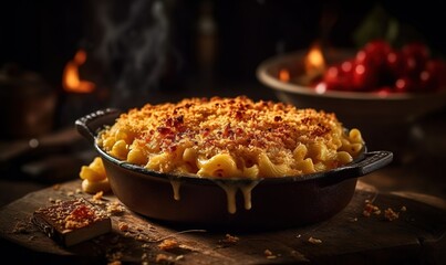  a dish of macaroni and cheese on a table.  generative ai