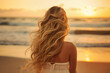 canvas print picture - Frau mit langen blonden Haaren steht am Strand und Blick auf das Meer im Sonnenuntergang. Generative AI