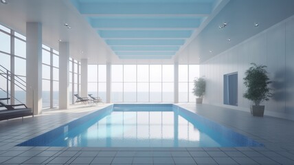 Sticker - Indoor swimming pool in a luxury hi-tech home. Floor-to-ceiling windows with beautiful nature view, white walls and columns, white tiles floor, comfortable loungers, plants in a floor Generative AI