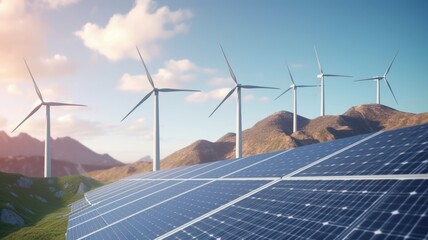 Solar energy panels photovoltaic cells and wind turbines with backdrop of nature landscape, mountains and blue sky. Production of renewable green energy. Sustainable development concept. Generative AI