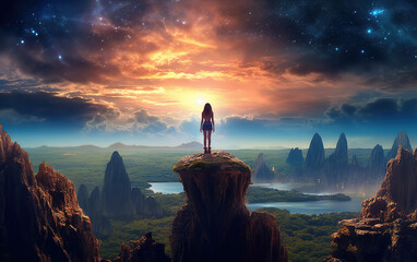 Standing alone on the mountaintop, gazing at the starry universe,created with generative ai tecnology.