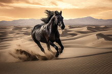 A Beautiful Black Horse Gallops Through The Mystical Desert. Generative AI