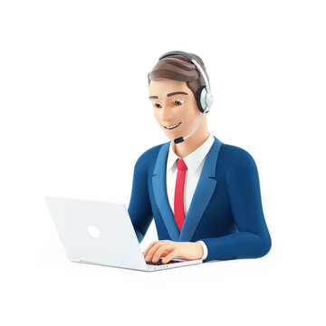 3d cartoon businessman with headset working on laptop