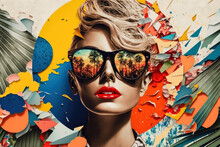 Fashionable Young Woman Wearing Big Sunglasses. Retro Style Summer Collage With Palm Trees. Generative AI