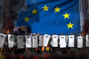 European Union protest fighting concept, police squad on city street are protecting order against disorder - military 3D Illustration on flag background