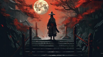 Wall Mural - A samurai standing on stairway in night forest with the moon on background. japanese samurai. Generative ai