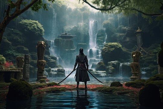 A samurai standing in waterfall garden with swords on the ground. japanese samurai. generative ai
