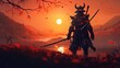 A samurai warrior at sunset. japanese samurai. generative ai