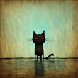  a black cat with red eyes sitting in the middle of a body of water with a blue sky in the background and a green background.  generative ai