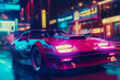 © PaputekWallArt - Retro Nights: Classic Sports Car Illuminates Miami Street in Retrowave Style, Generative AI