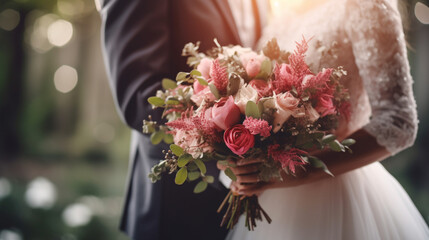 Wedding bouquet in hands of bride and groom in wedding day