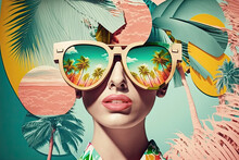 Young Traveling Woman Wearing Big Sunglasses. Retro Style Pastel Colors Summer Background. Generative AI