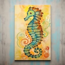  A Painting Of A Seahorse On A Wall With A Blue Background And A Blue And Yellow Stripe Around The Bottom Of The Picture Is A White Frame.  Generative Ai