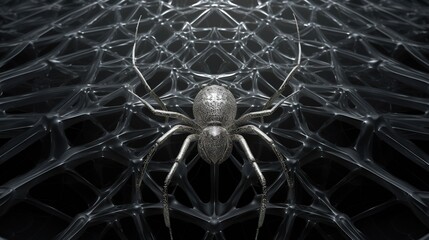  a large spider sitting on top of a black surface with a pattern on it's back side and a black background behind it with a white spider.  generative ai