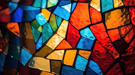 Wall Mural -  a close up of a colorful stained glass window with a red background and a blue, yellow, orange, and green design on it.  generative ai