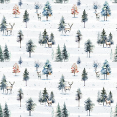 Wall Mural - Watercolor seamless pattern with reindeer and trees. Winter christmas background for wrapping paper, textile, wallpaper, cards. 