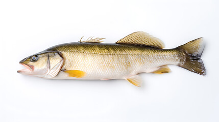 Fresh Zander, walleye with herbs. Raw fish. White background. Top view. Copy space. AI Generative.