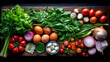 Ingredients for cooking Shakshuka. Eggs, onions, garlic, tomatoes, peppers, spinach. Black background. Top view. AI Generative.