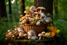 A Basket Filled With Mushrooms In The Forest. Generative AI