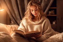 Blonde woman in cozy clothes sitting on her bed and reading a book. Generative Ai