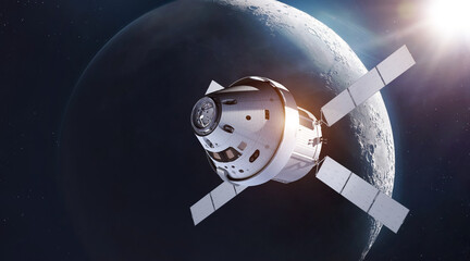 Poster - Spaceship  with astronauts on orbit of Moon. Dark space. Moon surface. Artemis space crew. Elements of this image furnished by NASA