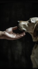 A man strokes a dog. The hand touches the dog. Generative AI.