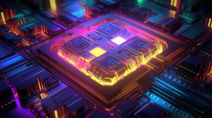 Canvas Print - 3D rainbow multi colored Processor CPU on a circuit board