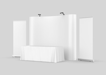 Wall Mural - Exhibition Tension Fabric Display Banner Stand Backdrop for trade show advertising stand with LED OR Halogen Light with standees and table counter. 3d render illustration.
