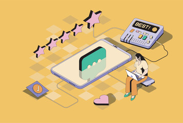 Fototapete - Best feedback concept in 3d isometric design. Woman customer leaving reviews and comments, evaluating service, give rating with stars. Vector illustration with isometry people scene for web graphic