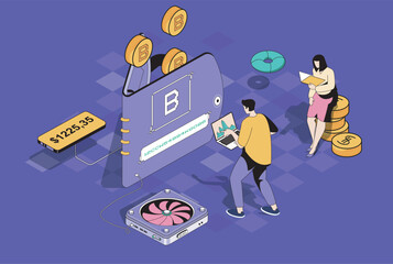 Aufkleber - Bitcoin wallet concept in 3d isometric design. Man and woman mining cryptocurrencies, buying or selling virtual money, earning profit. Vector illustration with isometry people scene for web graphic